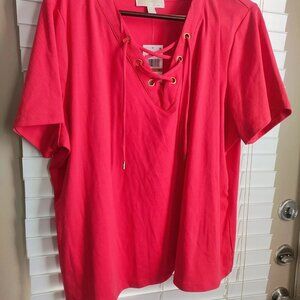 MICHAEL Michael Kors Plus Size Lace-Up Short-Sleeve T-Shirt 3XL Sea Coral Ribbed